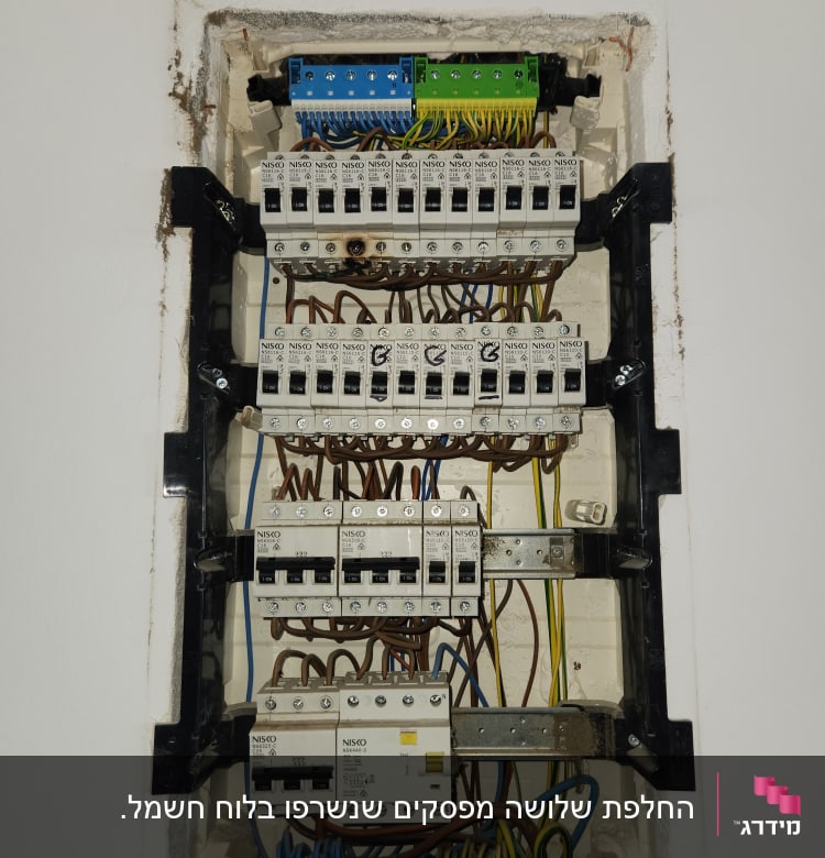 לוח חשמל עם מפסקים וחוטים צבעוניים